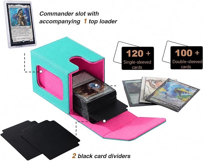 Venssu MTG Deck Box for Commander Display,Card Deck Box Fits 100 Double Sleeved Cards,TCG with 2 Dividers and 1 Toploader (Turquoise and Pink)