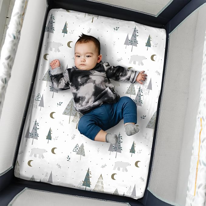 Pack n Play Sheets, BROLEX 2 Pack Mini Crib Sheets,Stretchy Portable Fitted Playard Sheet Set, Convertible Playard Mattress Cover,Ultra Soft Breathable Material,Snowy Forest