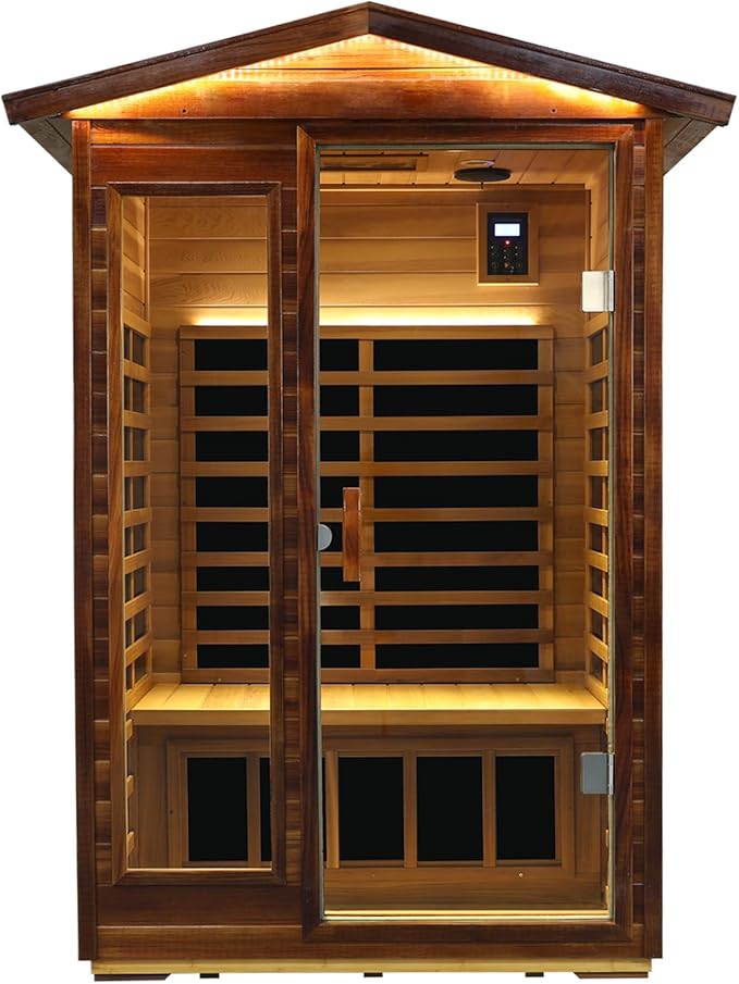 Kanlanth Red Cedar 2 Person Outdoor Infrared Sauna, Ultra-Low EMF Far Infrared Sauna, 1,750W, Luxury Outdoor Infrared Sauna with Near red Light and Chromotherapy, Bluetooth, LED