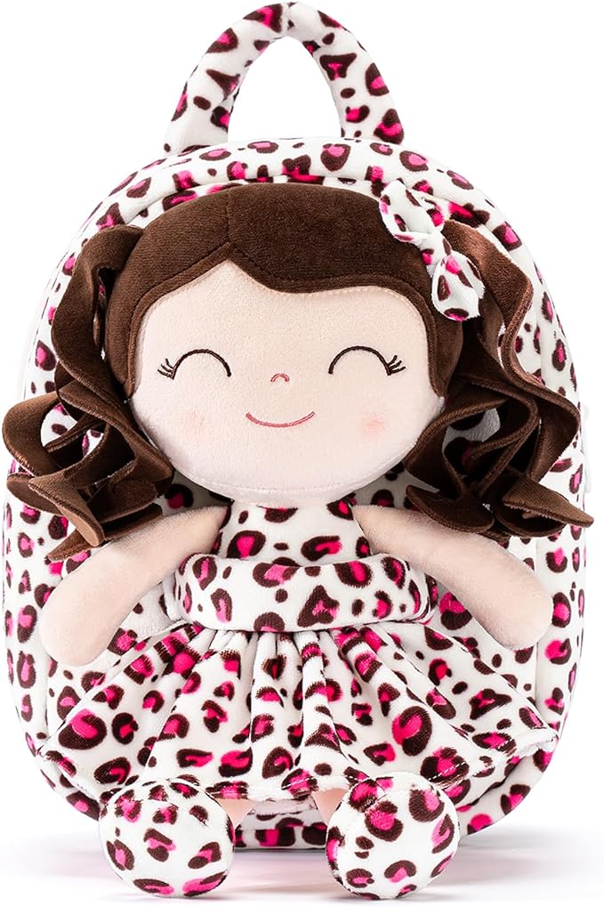 Gloveleya Girls Backpack Baby Gifts - Curly Hair Plush Removable Doll, Birthday Gift for Baby Girl Age 1-3, Preschool Daycare Essentials Carrier, Cute Pink Leopard Print 9"