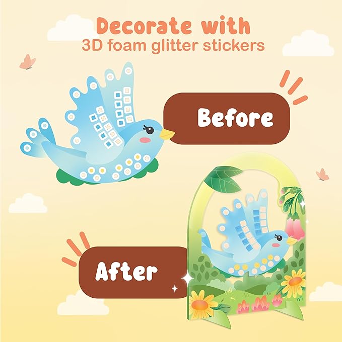 BINCA Foam Sticker Mosaic Art Activity, 750+ 3D Glitter Foam Stickers, 5 Garden Animals with Display Arch, DIY Mess-Free Activities, Felt Craft Kits & Gifts for Boys & Girls Ages 5,6,7,8