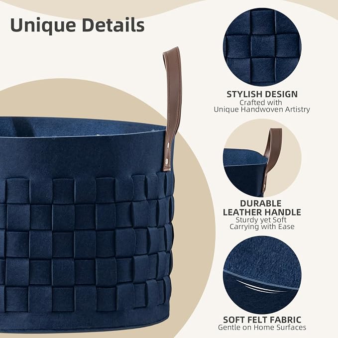 Laundry Basket 20" x20 " x11.8 ",Extra Large Round Blanket Basket with Leather Handle, Felt Storage Basket for Living Room, Nursery, Dog Toys-Navy Blue