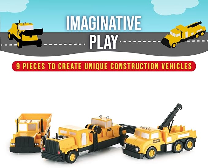 Popular Playthings Magnetic Vehicles for Toddlers 1-3, Mix or Match Car Toys, Set of 3 Gift for Kids - Construction Vehicles