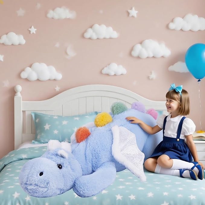 ARELUX Large 52in 3Lb Cute Dragon Stuffed Animals Plush Toy Soft Sky Blue Pterosaur Plushie Giant Fuzzy Dinosaur Pillow Plushies with White Wings Cuddly for Friends Family Member