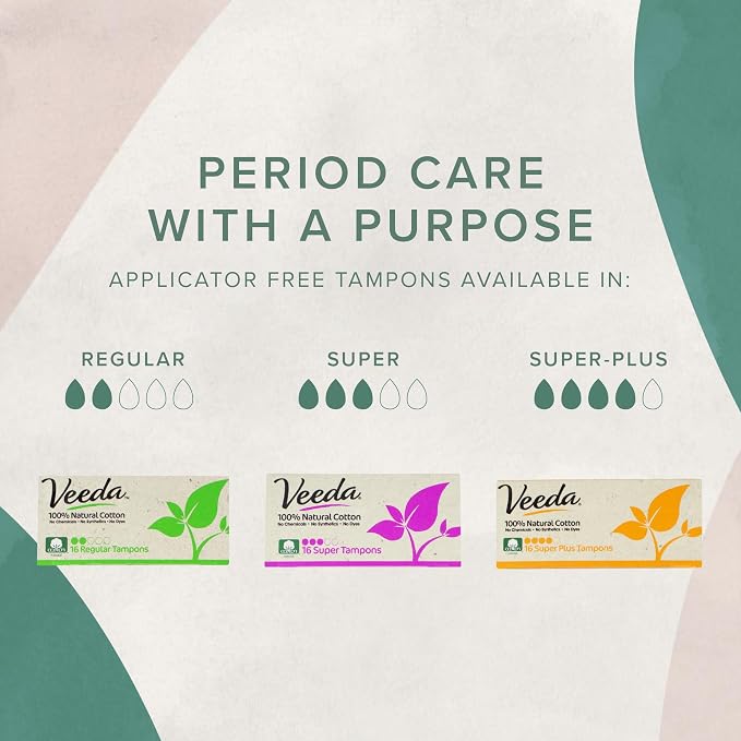 Veeda 100% Natural Cotton Tampons Super Absorbency - Non-Applicator Tampons with Leak Proof Protection - Unscented, Chlorine & Toxin Free - 320 Count