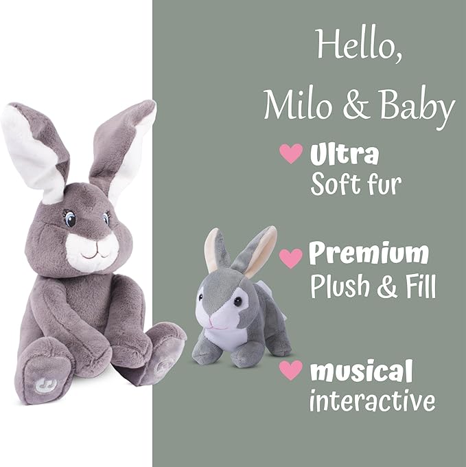 Dimple Bunny Set - Milo Stuffed Bunny Toy, Animated Interactive Rabbit with Peek-a-Boo Feature with Singing Songs and Grey Plush Baby Rabbit, Perfect Baby Plush Toy Gift for Ages 0 an Up