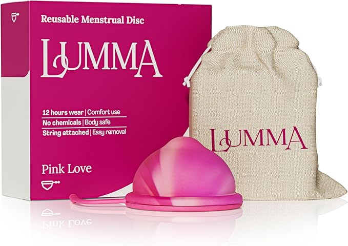 LUMMA Menstrual Disc | Includes Carrying Pouch and Silicone String for Easy Removal | Comfortable & Sustainable Choice to Tampons | Reusable Medical Grade Silicone, Leak-Proof (Pink, Medium)