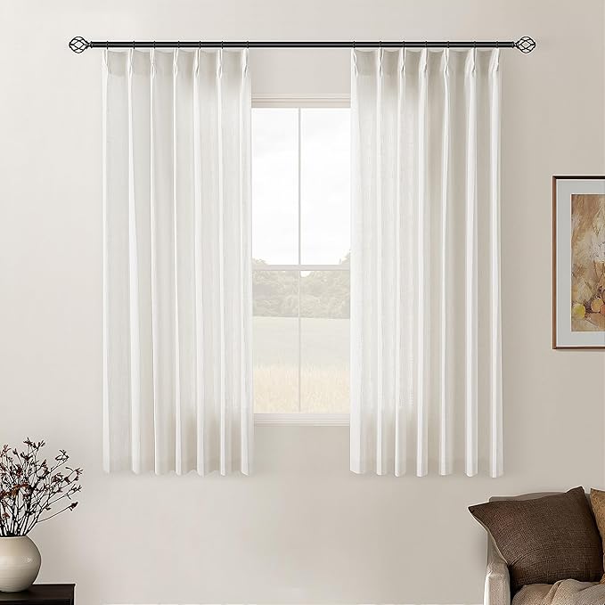 Natural Pinch Pleated Linen Semi Sheer Curtains 54 Inch Length 2 Panels | for Dining Room Bedroom, Memory Training Shaped, Pinch Pleat Drapes with Hooks Rings, Light Filtering Window Curtain 40x54
