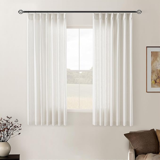 Natural Pinch Pleat Linen Kitchen Curtains 45 Inches Long 2 Panels Set | Basement Short Curtains for Small Bay Window, Cream Ivory, Pinch Pleated with Hooks Rings Back Tab, Thick Linen Semi Sheer