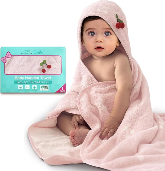 VOOVA & MOVAS Luxury Pink Cherry Baby Hooded Bath Towel - 100% Cotton,420GSM, 30.5x36 Inches,0-2Years, Super Absorbent Large Towel with Hood for Newborn,Infant,Thick, Baby Essentials,Pink Cherry