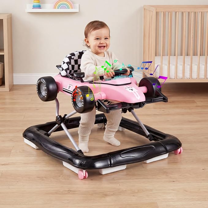 HONEY JOY Baby Walker, 4-in-1 Foldable Infant Activity Push Walker, Toddler Car Walker with Adjustable Heights, Music, Lights, Padded Seat, Baby Walker with Wheels for Boys Girls 6-18 Months (Pink)