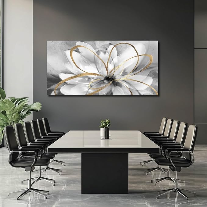 SOUGUAN Large Canvas Wall Art White Flower Painting 30x60 Inch Black Art for Living Room Bedroom Office Home Wall Accents