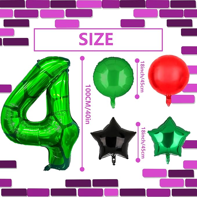 5Pcs Cartoon Turtle Theme Birthday Decorations 40 Inch Number 4 Foil Balloons Super Green Turtle Themed Hero Large Mylar 4th Number Balloon Video Game Pizza Balloons Party Favors Red
