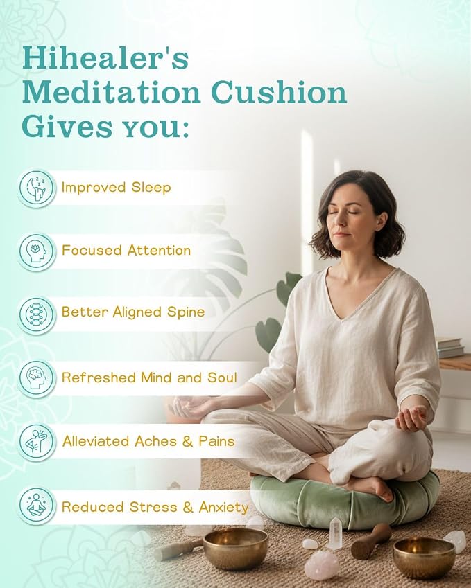 Hihealer Premium Crescent Meditation Cushion, Ergonomic Buckwheat Hull Floor Pillow for Adults, Comfortable Yoga Bolster for Meditation & Floor Sitting (Green)