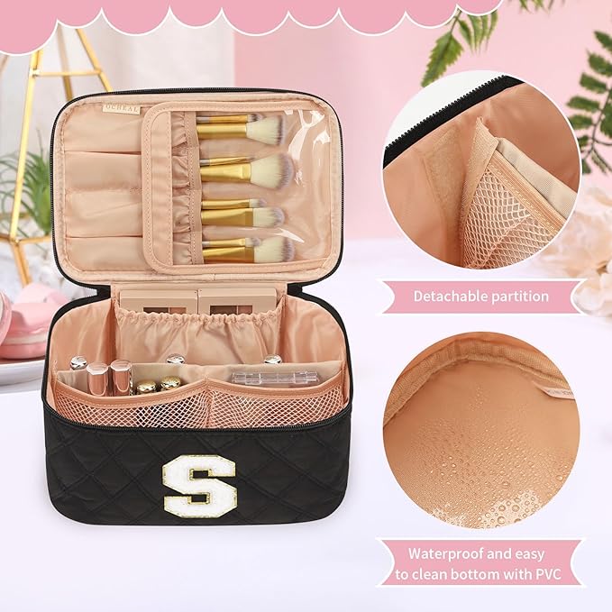 OCHEAL Makeup Bag Valentines Day Gifts for Women, Monogram Cosmetic Bag Black Travel Makeup Case Beauty Toiletry Bag Organizer Personalized Gifts for Girls Bridesmaid, Sister, Wife, Friends Initial S