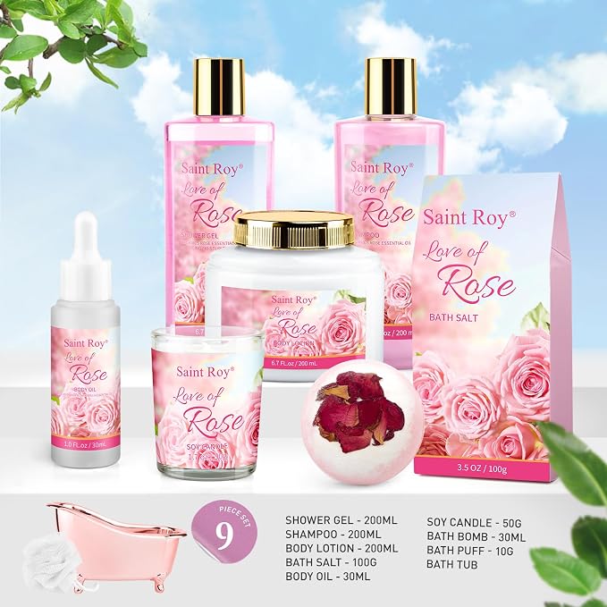 Spa Gifts for Women Rose Spa Gifts Bath and Body Gift Basket Set Care Kit | Bath Gift Set Self Care Pampering Kit with Shower Gel, Christmas, Valentines Day Gift for Mom, Birthday Gifts for Her, Wife