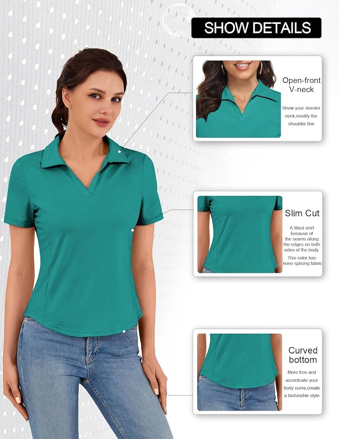 JACK SMITH Women's Golf Polo Shirt V Neck Short Sleeve Tennis Shirt Sun Protection Moisture Wicking Athletic Tops