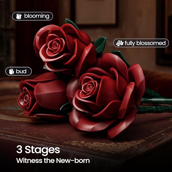 iATOM Burgundy Red Rose Bouquet Building Set, Compatible with Lego Flowers for Adults Women, Botanical Collection Gift for Halloween & Valentines - Artificial Plant Gothic Home Decor - 11016