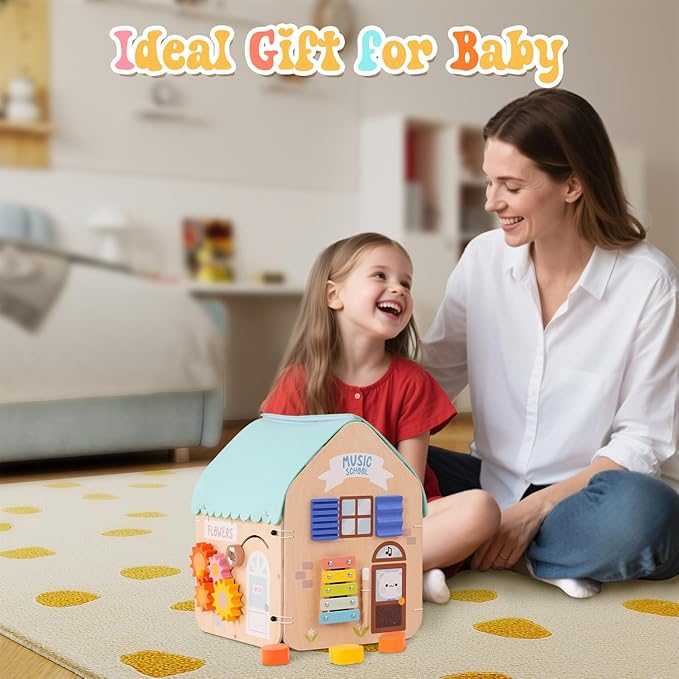 2 in 1 Montessori Wooden Busy Board House, Multi-Functional Foldable Busy Board, Fine Motor Skills Training for Little Kids Aged 1-3, Gifts for Boys and Girls