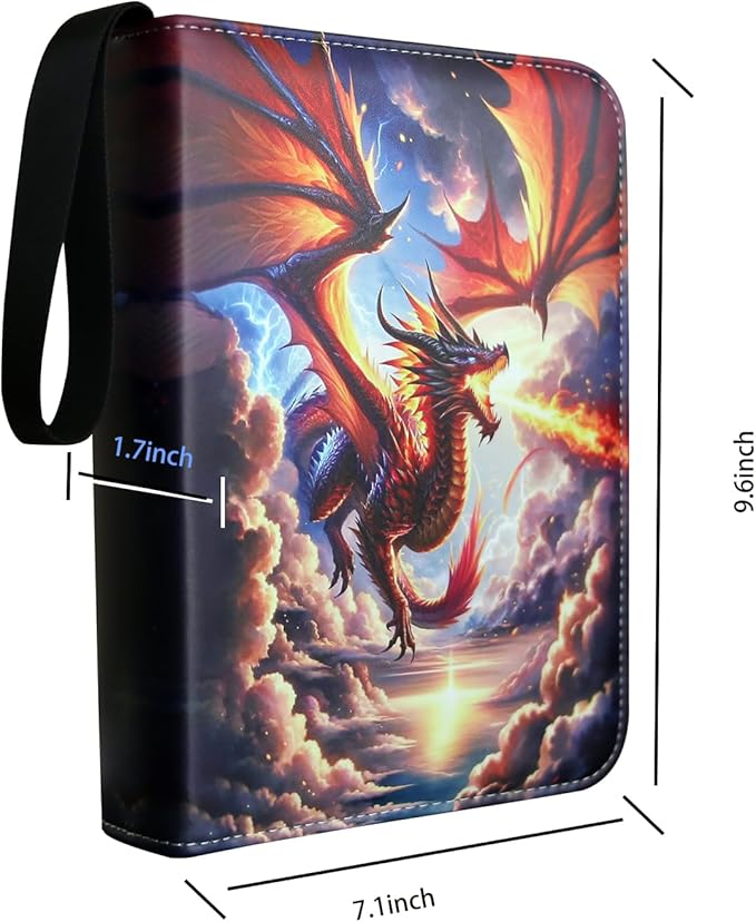 Trading Card Binder, 4-Pocket Card Album Holds 400 Cards, PU Leather Zippered Card Organizer with Wrist Strap, Portable TCG Sports Game Card Storage Case（Fire Dragon）