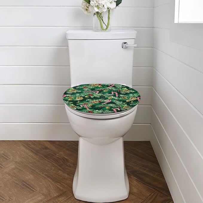 Christmas Candy Cane Toilet Seat Lid Cover for Bathroom Christmas Decorations Holly Toilet Lid Cover with Elastic Band Elongated Universal Toilet Tank Cover Replacement Toilet Bathroom Cover