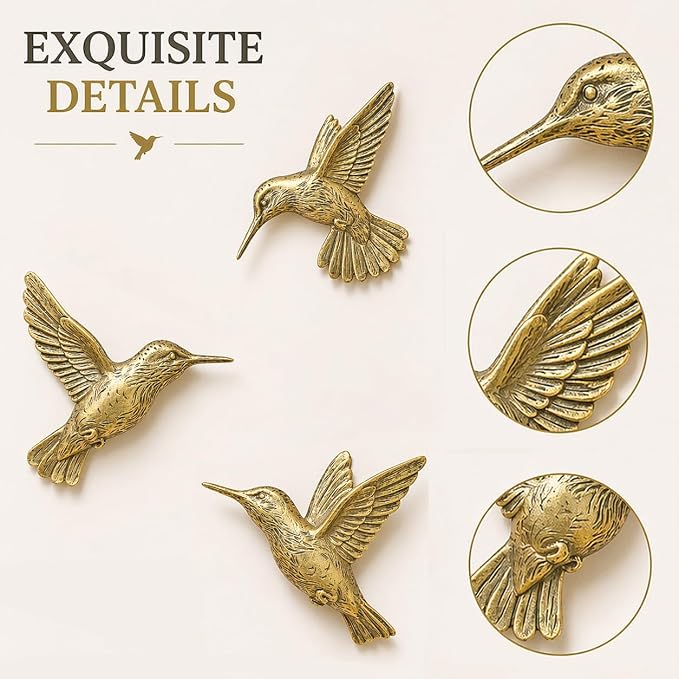 GUSFREUD 3D Hummingbird Wall Decor Set - Brass Resin Bird Wall Decor for Living Room, Bedroom and Gallery Walls - Vintage Gold - Set of 3