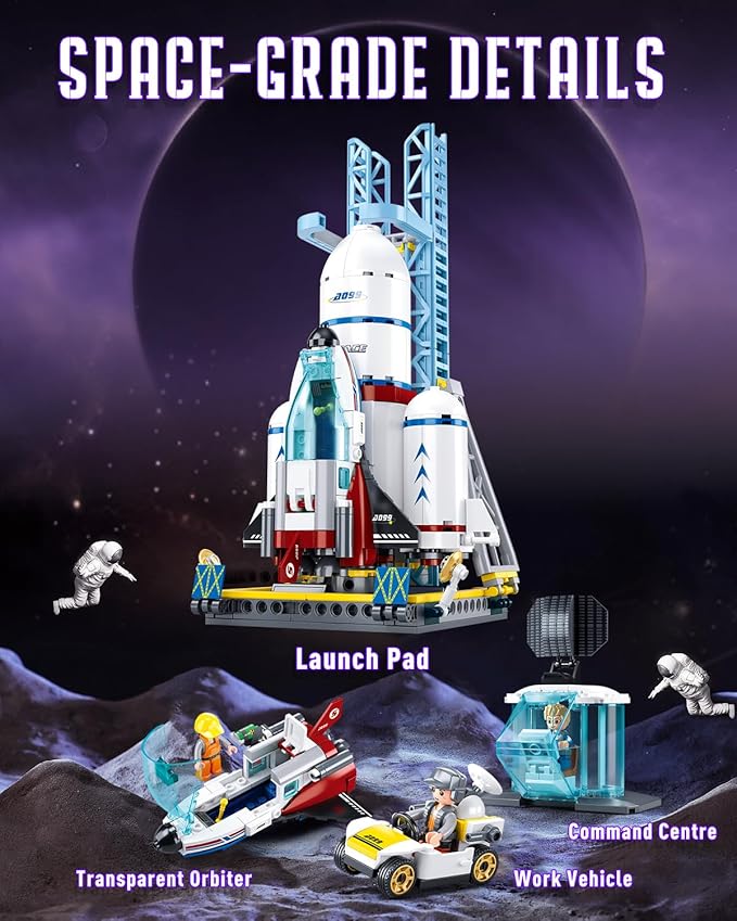 City Space Launch Center Building Set, Rocket Launchpad Building Kit with 4 Astronaut Minifigures for STEM Role-Play, Gift Toys for Boys 6-12, Compatible with Lego Space, 424 PCS