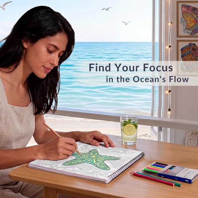 FUNLAVIE Adult Coloring Book - Ocean Animal Mandala Designs for Adults Relaxation and Teens Stress Relief, Spiral Bound Mindfulness Coloring Book for Women, Ocean Creature Mandalas and Patterns