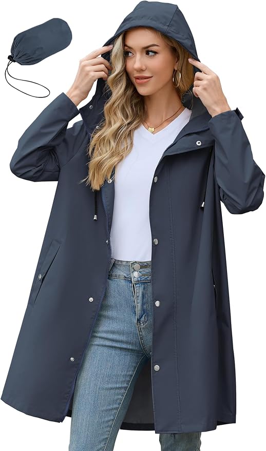 Zando Long Packable Rain Jacket Women Waterproof Raincoat with Hood | Relaxed-Fit Lightweight Windbreaker for Women; Travel Rain Coats for Commute, Hiking, Cruise, and Daily wear