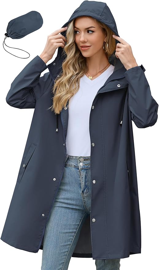 Zando Long Packable Rain Jacket Women Waterproof Raincoat with Hood | Relaxed-Fit Lightweight Windbreaker for Women; Travel Rain Coats for Commute, Hiking, Cruise, and Daily wear