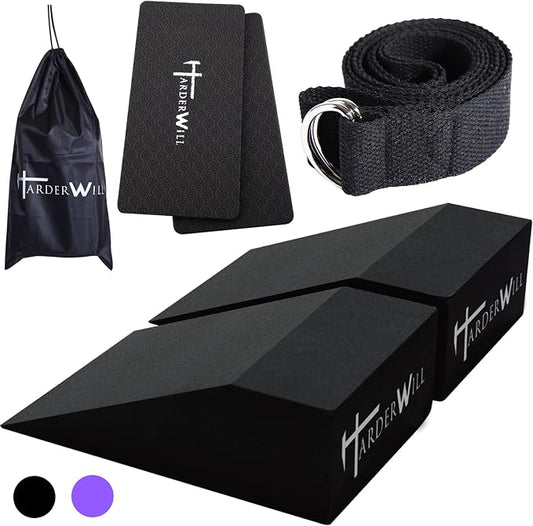 Yoga Foam Wedge Blocks (Pair), Calf Raise Block, Calf Stretcher, Yoga Wrist Support, Balance, Pushup, Fitness, Pilates, Heel Stretcher, Squat Wedge with Gym Bag