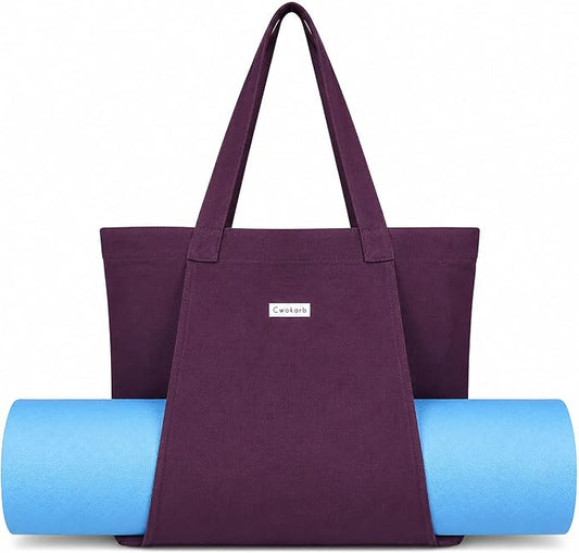 Yoga Mat Bag for Women, Pure Cotton Canvas Yoga Tote with Wet/Dry Pocket, Bottle Holder & Inner Zipper Pocket, Yoga Mat Carrier Bag for Pilates, Gym, Travel, Beach