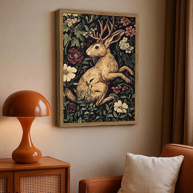 Vintage Rabbit Wall Art Whimsical Dark Cottagecore Jackalope Wall Decor Painting Moody Animal and Botanical Poster Canvas Print for Living Room Bedroom 12x16 inch Wood Framed