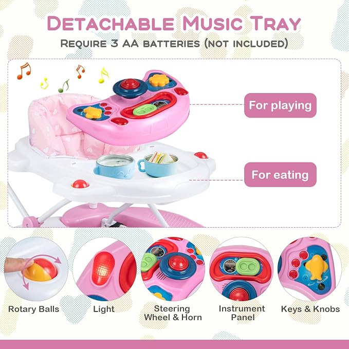 BABY JOY 6-in-1 Baby Walker, Foldable Baby Walker with Wheels, Adjustable Height, Music, Lights, Bouncer & Rocker Mode, Baby Walkers for Boys Girls 6-14 Months (Pink)