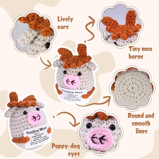 PARTY TONIGHT Funny Positive Crochet Animals Cow Gifts,Handmade Knitted Positive Moo for Women Men Lover Emotional Support Crochet Cow Inspirational Birthday Office Home Decor