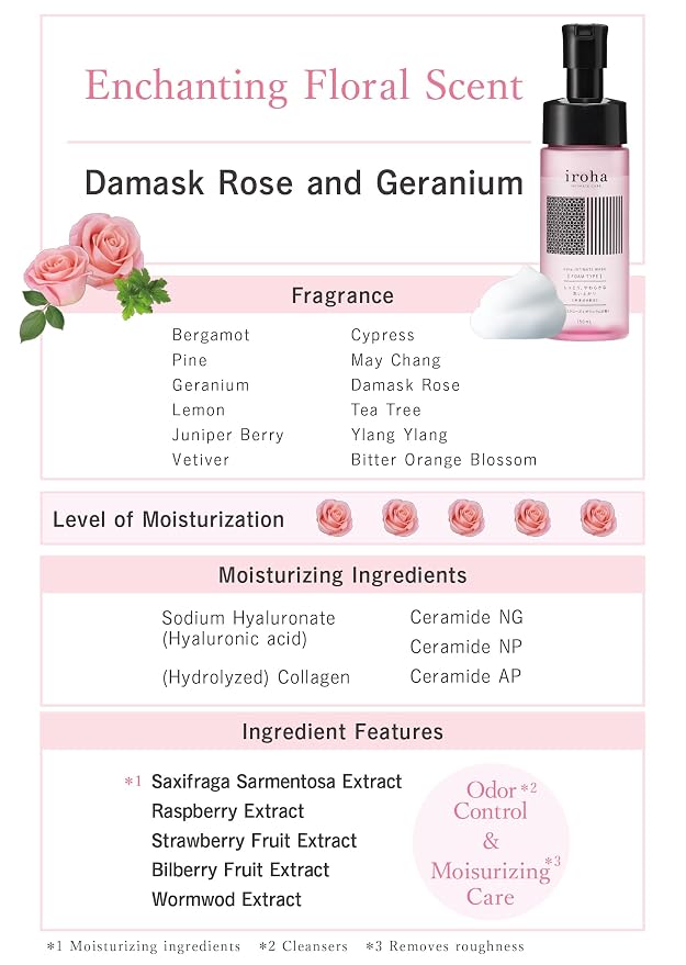 iroha INTIMATE CARE Foaming Type Feminine Wash - Damask Rose & Geranium Scent, Luxury Anti-Aging Skincare with Ceramides, Rose Oil & Antioxidant Berry Extracts, 150ml