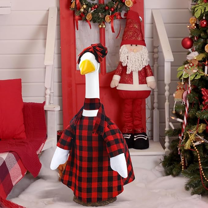 Winter Goose Outfit Burlap Plaid Porch Outfits Yard Clothes Christmas Silly Lawn Shirt for 23'' Cement Plastic Duck Decorations