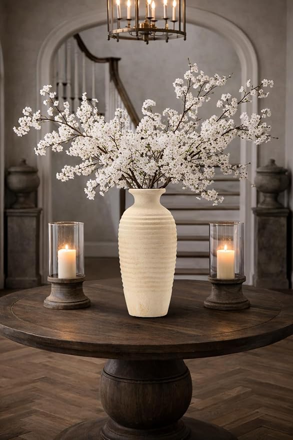 Vaseking Ceramic Natural Rustic Vase, 14.4 Inch Large Vintage Flower Threaded Decorative Farmhouse Tall Vase for Home Decor, Living Room, Shelf Decor, Wedding, Housewarming Gift, Off-White