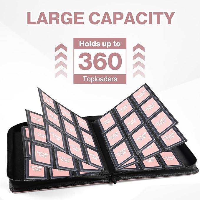 Toploader Binder, Holds 360 Toploaders, 100 Toploaders INCLUDED, 9-Pocket PU Cover Top Loader Binder for 3" x 4" Rigid Toploader, Ringless Double-Sided Toploader Card Binder for TCG, Sport Cards