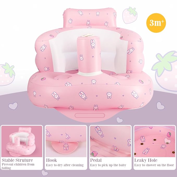 Inflatable Baby Chair, Inflatable Baby Seat for Babies 3 Months and Up, Summer Blow Up Chair with Built in Air Pump, Infant Floor Seats for Learning to Sit, Palying, Camping, Strawberry