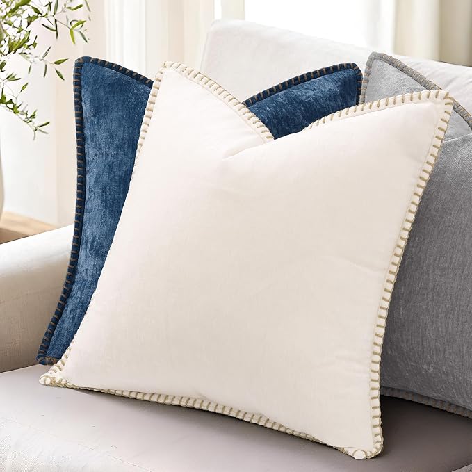 decorUhome Soft Chenille Throw Pillow Covers 16x16 Set of 2 Neutral Gray | Fall Textured Decorative Throw Pillow Cases Stitched Edge Modern Farmhouse Luxury Boho Velvet for Couch Sofa Bed Home Decor