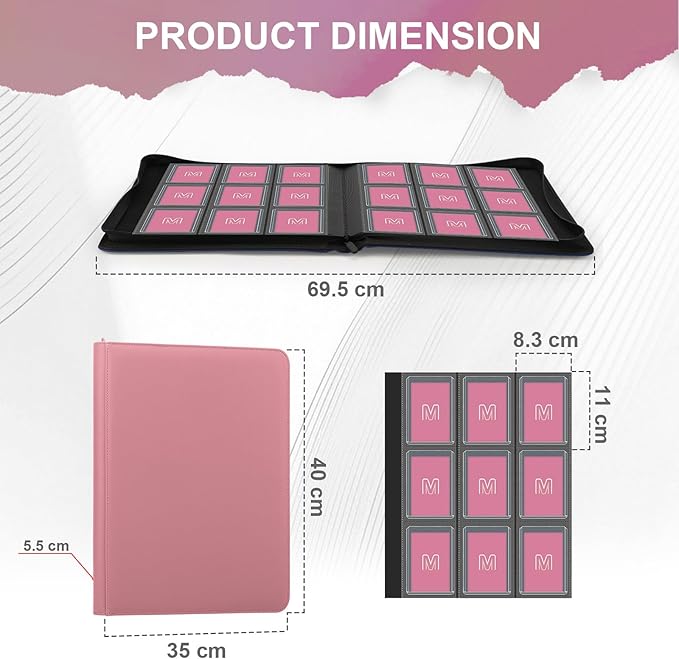 Toploader Binder,Trading Card Binder Storage Hold up 288 Cards 9-Pocket Top Loader Binder with Sleeves for 3"x4" Rigid Toploaders Hard Cases(9Pink7)