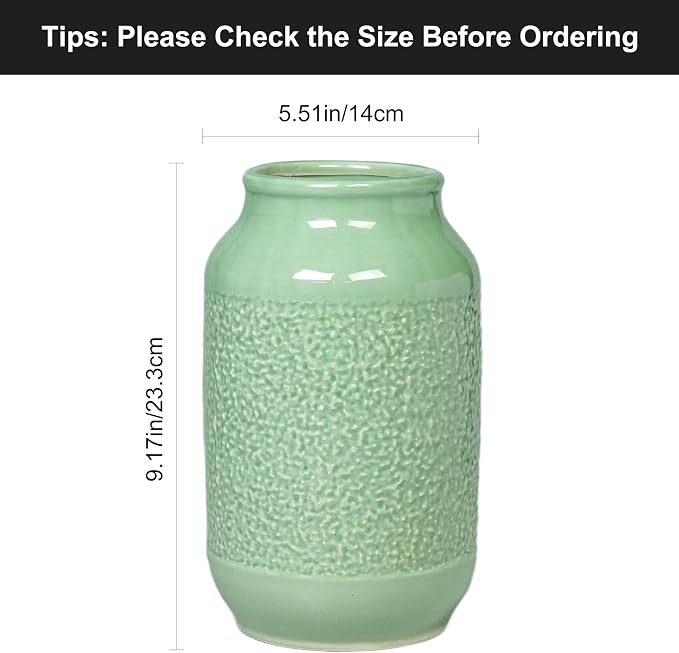 Ceramic Flower Vase, 9 Inch Green Vases for Home Decor, Modern Vase, Centerpieces, Table, Shelf, Console Cabinet, Entryway, Living Room, Bathroom, Office Decor