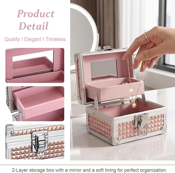 Hipiwe 2-Layer Jewelry Box with Mirror & Tray Aluminum Trinket Organizer | Hair Accessories Holder, Jewelry Storage Box for Necklace Earrings Rings Gift for Women, Rose Gold 4.7"x 3.7"x 3.1"