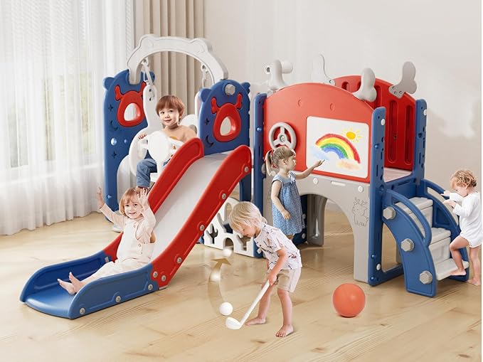 XJD 13-in-1 Toddler Slide and Swing Set, Kids Slide for Toddlers Age 1+, Toddler Outdoor Playset New Upgrade with Golf Set, Basketball Hoop, Drawing Board for Playground (Red Blue)