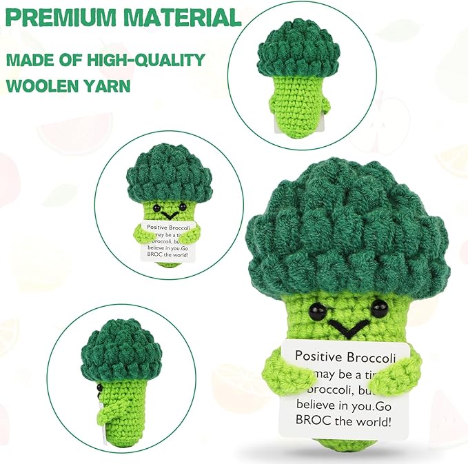 Hoedia Handmade Emotional Pickle Gift, Cucumber Crochet Doll Inspirational Gifts with Cards, Cute Knitted Funny Support Pickle Potato Friend Birthday (Broccoli)