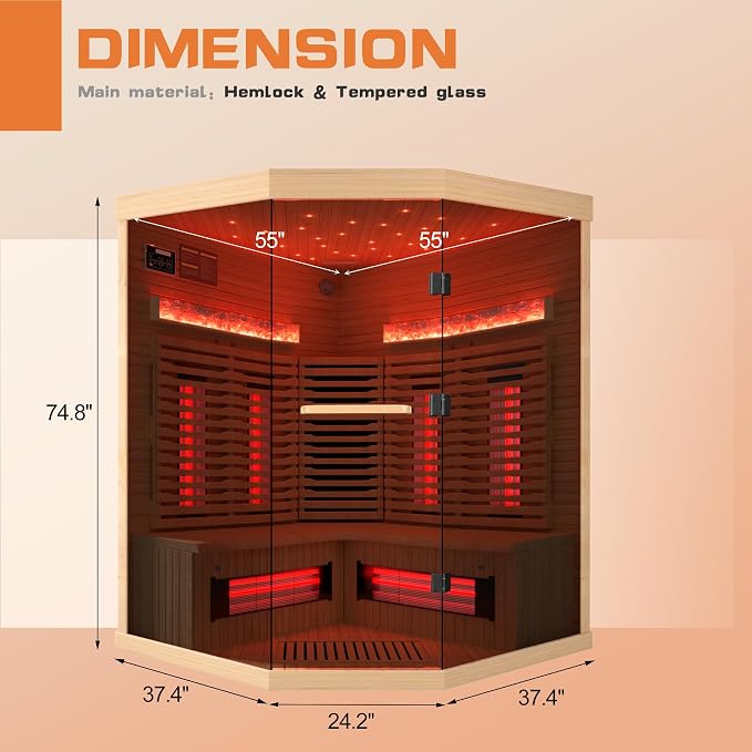 3-4 Person Infrared Home Sauna-Corner Sauna Spa Room w/Himalayan Salt Therapy & Starry Sky Spa,Canadian Hemlock, Tempered Glass (220V, ETL Certified)