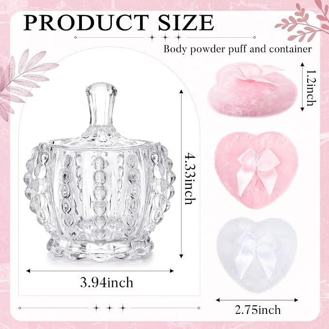 Tioncy 3 Pcs Large Body Powder Puff and Container Valentine's Day gift Powder Container with Puff Crystal Case Soft Washable Reusable Velour Face Body Glitter Wet Dry Makeup (Pearl,Clear)