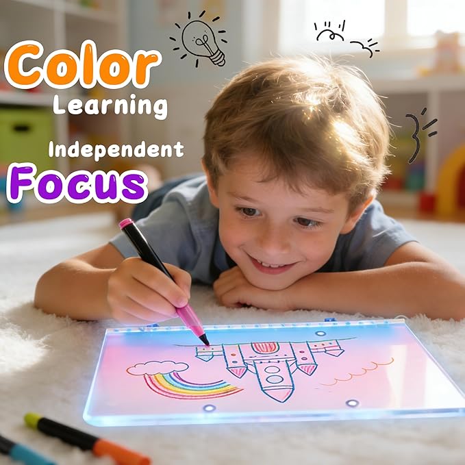 2026 LED Drawing Board for Kids Ages 6+, 1 Pack 13.7" x 9.75" Plug-in Light Up Dry Erase Board with Colors, 7 Color Modes, Stand, Markers, Spray Bottle & Italian Brainrot Tracing Booklet