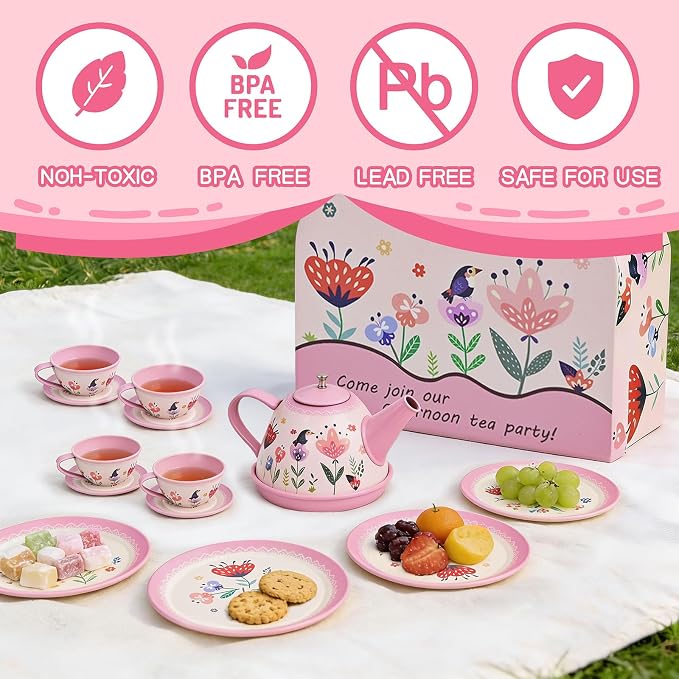 Floral Tea Party Set for Little Girls Ages 3-6, 15-Piece Pretend Play Kitchen Toys with Teapot, Cups, Plates & Storage Case, Princess Gift Set (Pink)